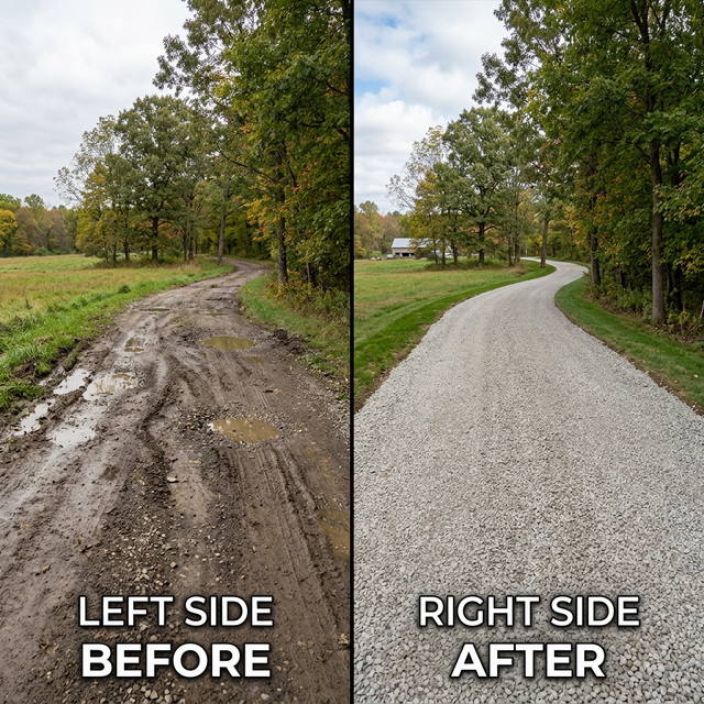 Before and after gravel driveway restoration — potholes and ruts restored to smooth crowned surface